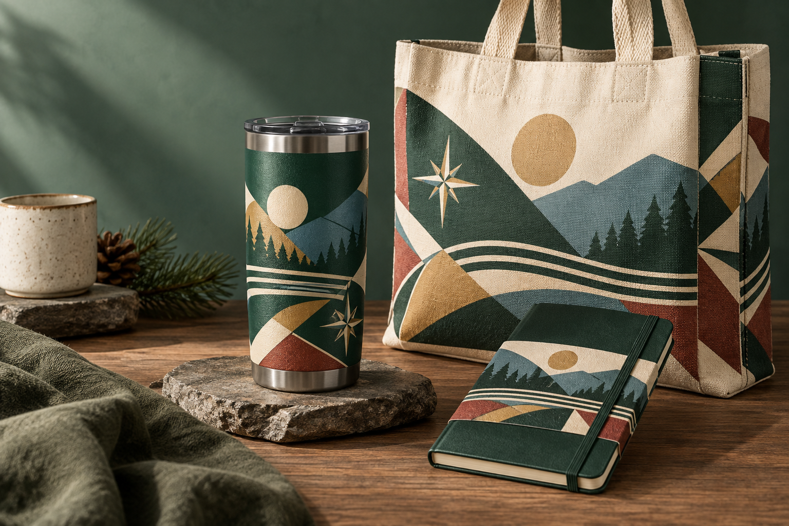 Continuous full-wrap geometric artwork flowing across a canvas tote, insulated tumbler and notebook