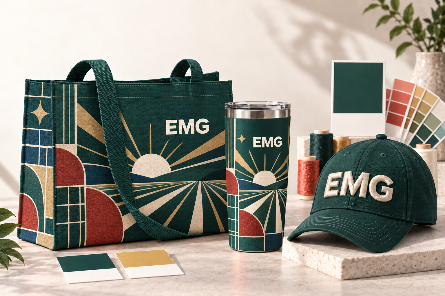 EMG branded tote, tumbler and embroidered cap using an Americana-inspired geometric color system beside color cards