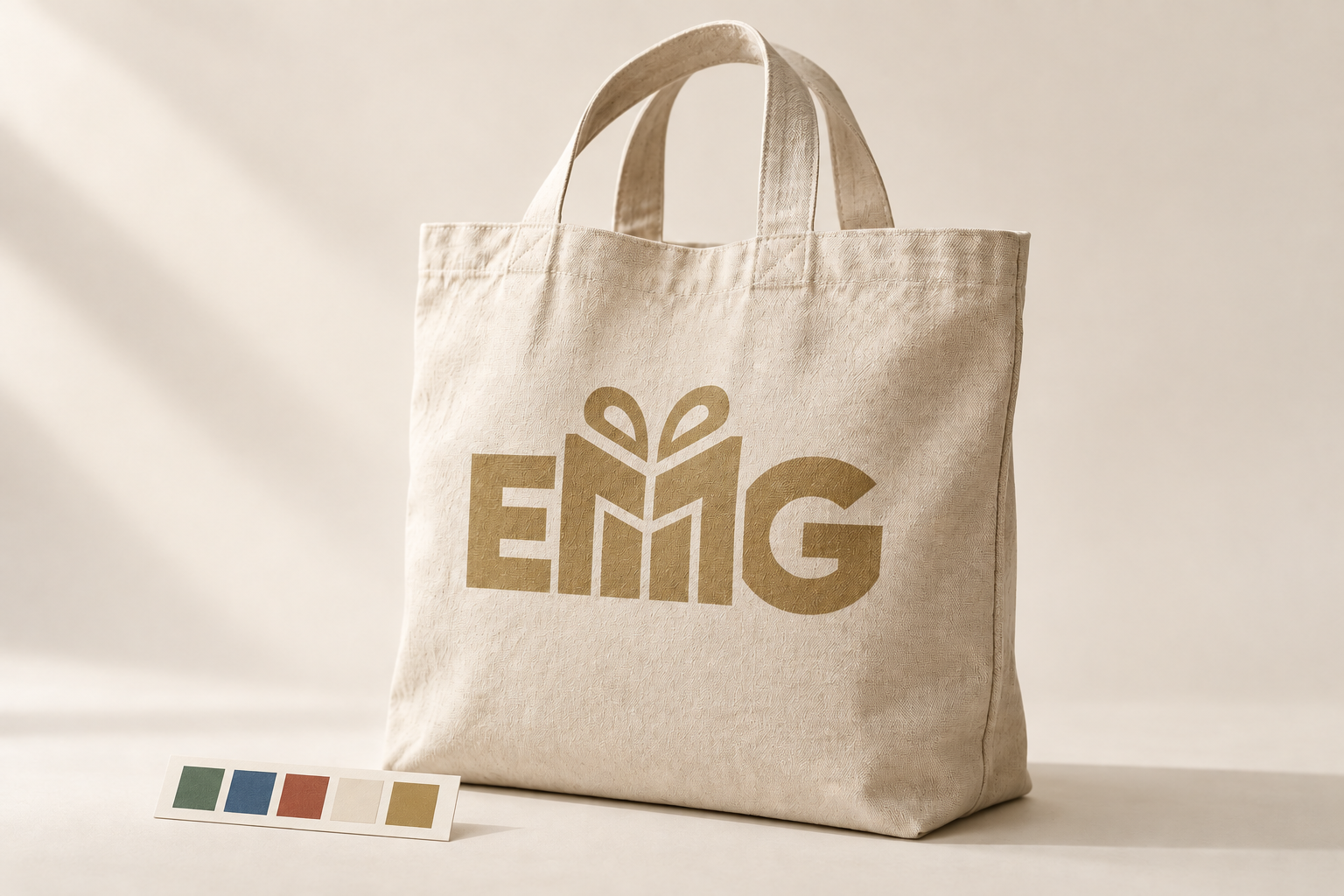 EMG gold screen print on a woven canvas tote beside a five-color control strip
