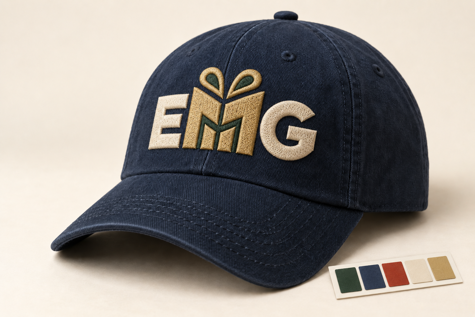 Raised embroidered EMG mark on an indigo cap beside a five-color control strip
